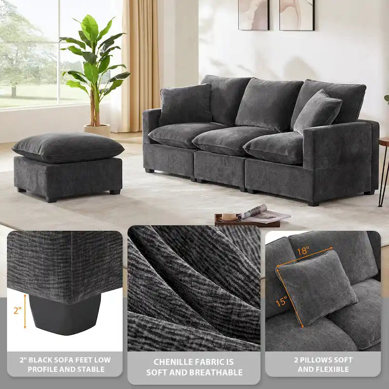 Canapé d'angle modulable en L, canapé sectionnel 4 places en chenille