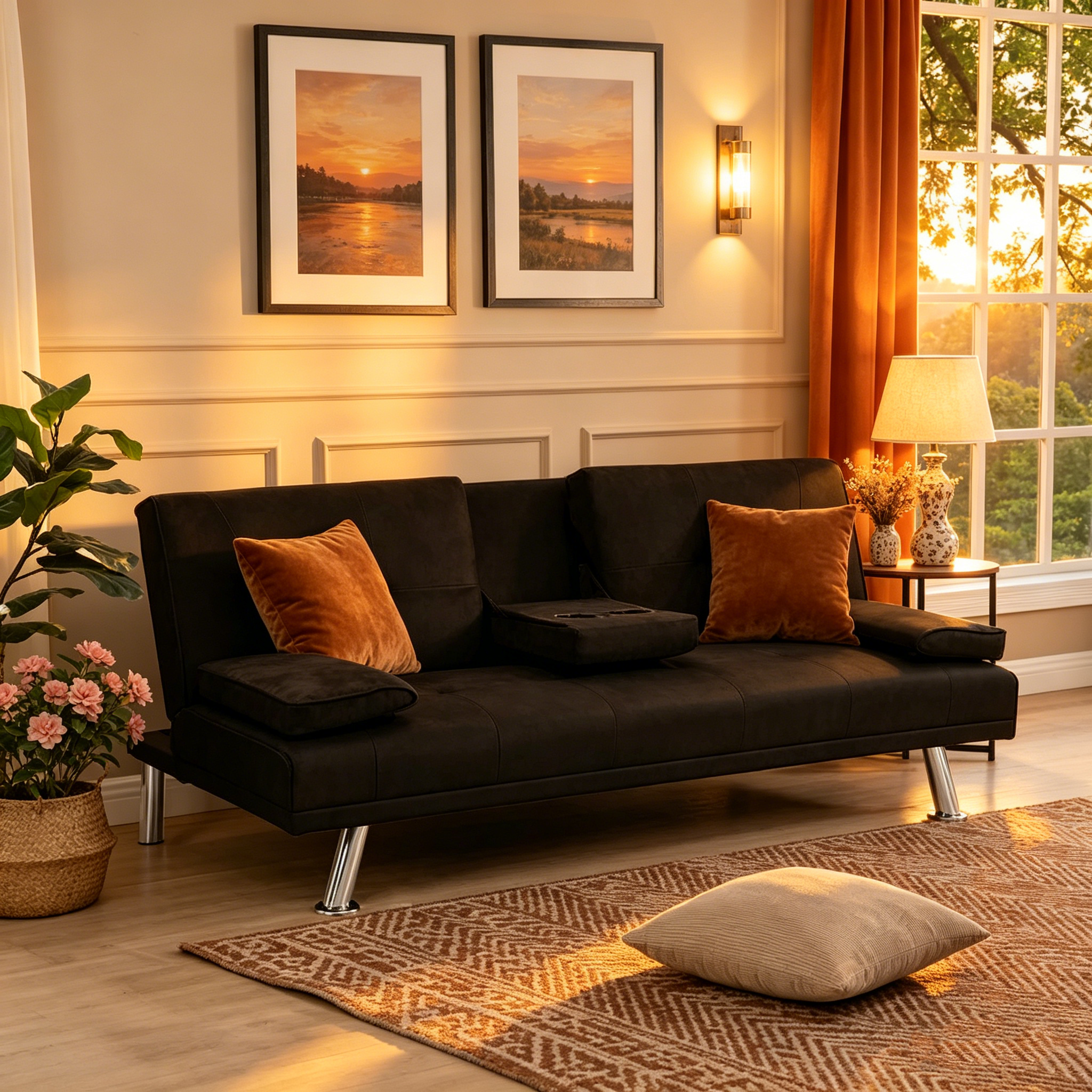 Canapé-lit en bois avec accoudoirs et deux supports