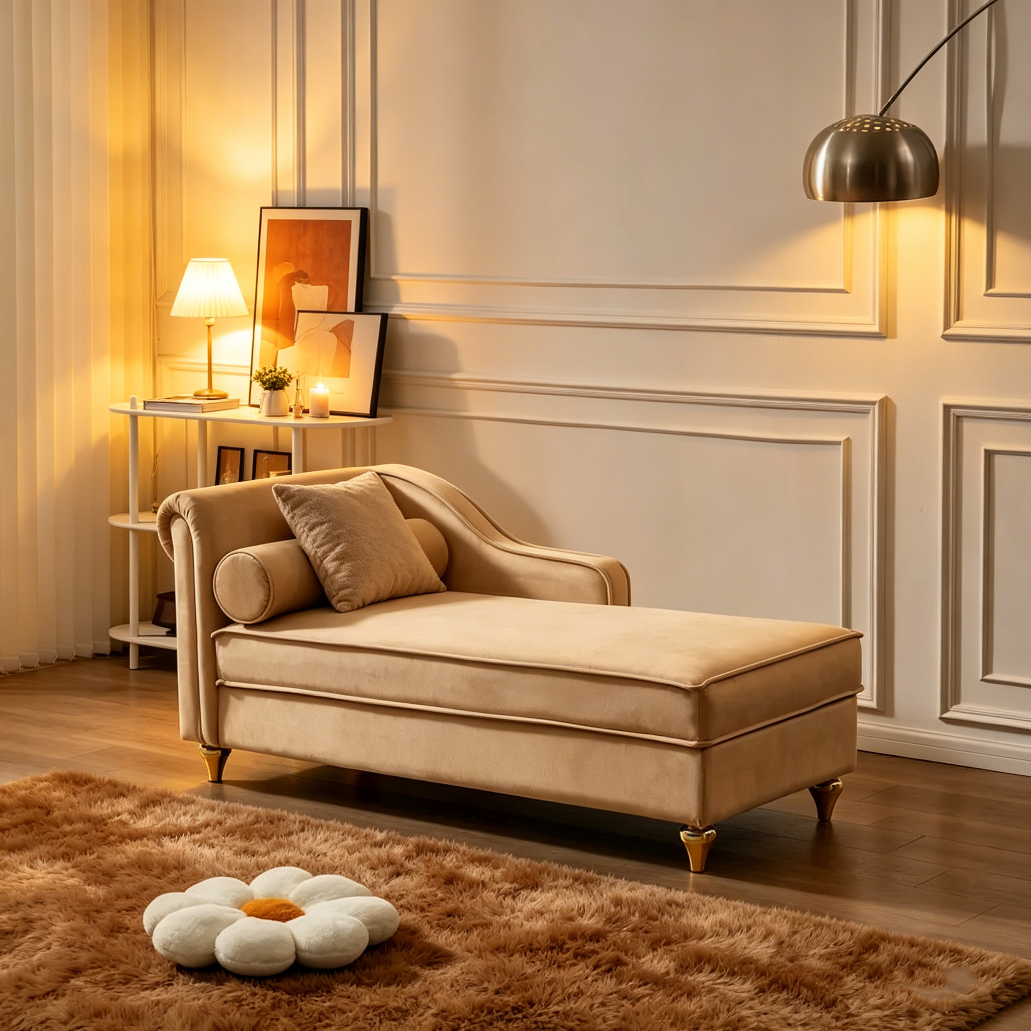 Chaise longue moderne rembourrée en velours avec rangement