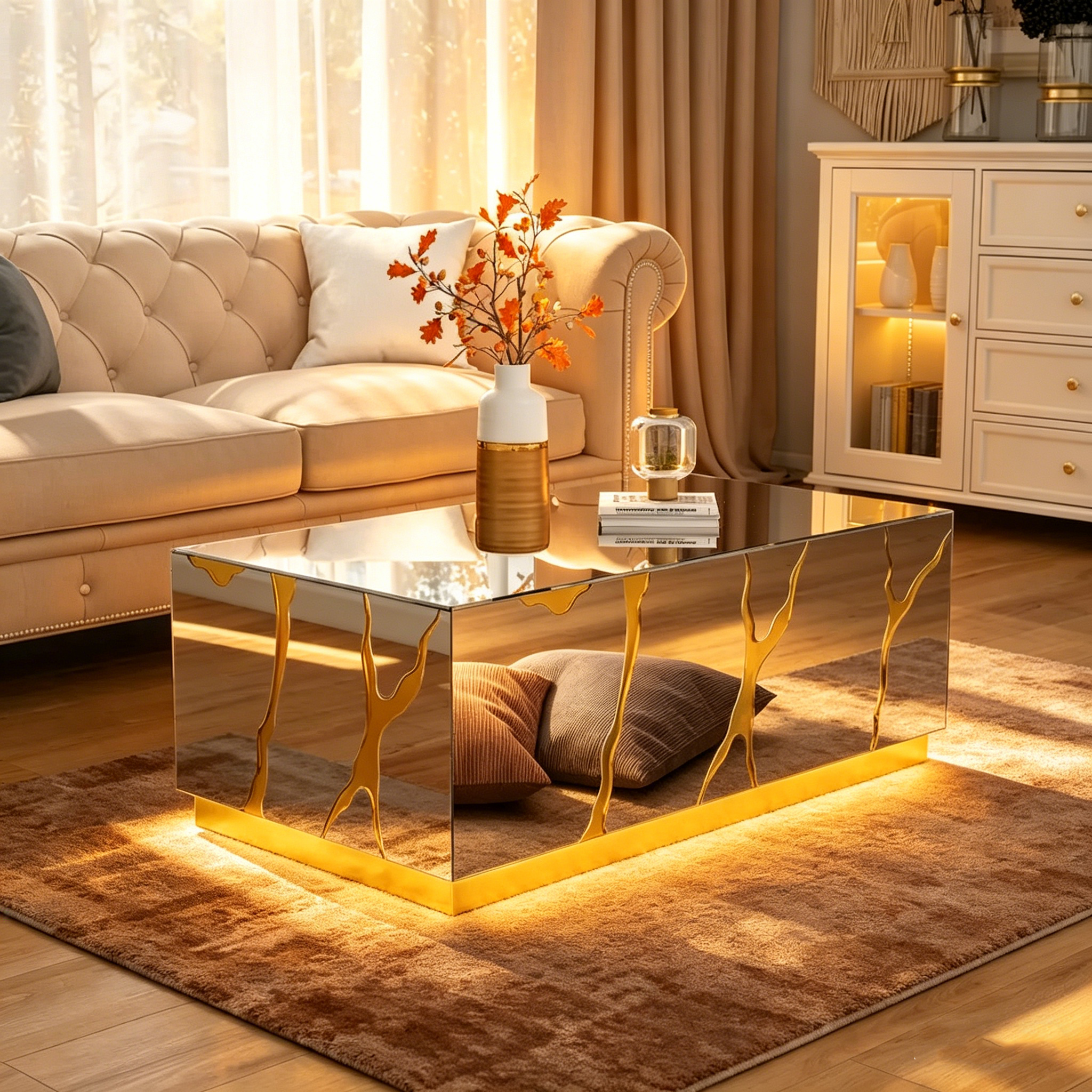 Table basse rectangulaire Miroir Fini doré craquelé