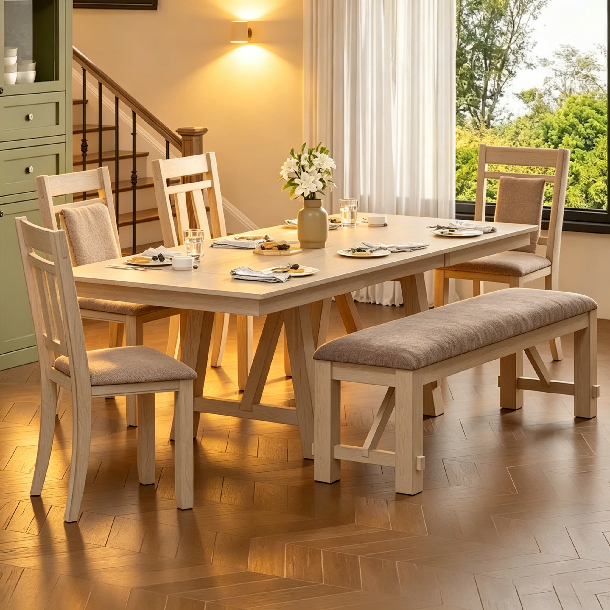 Ensemble table et chaises de salle à manger (avec banc) — Table à manger rectangulaire extensible en bois massif et chaises de salle à manger en bois massif