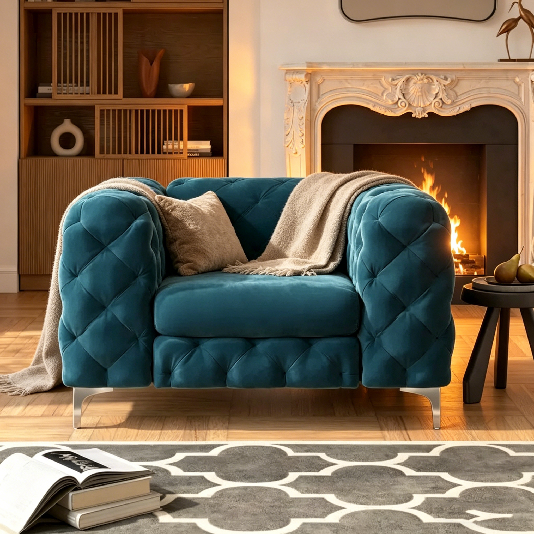Fauteuil club en velours capitonné