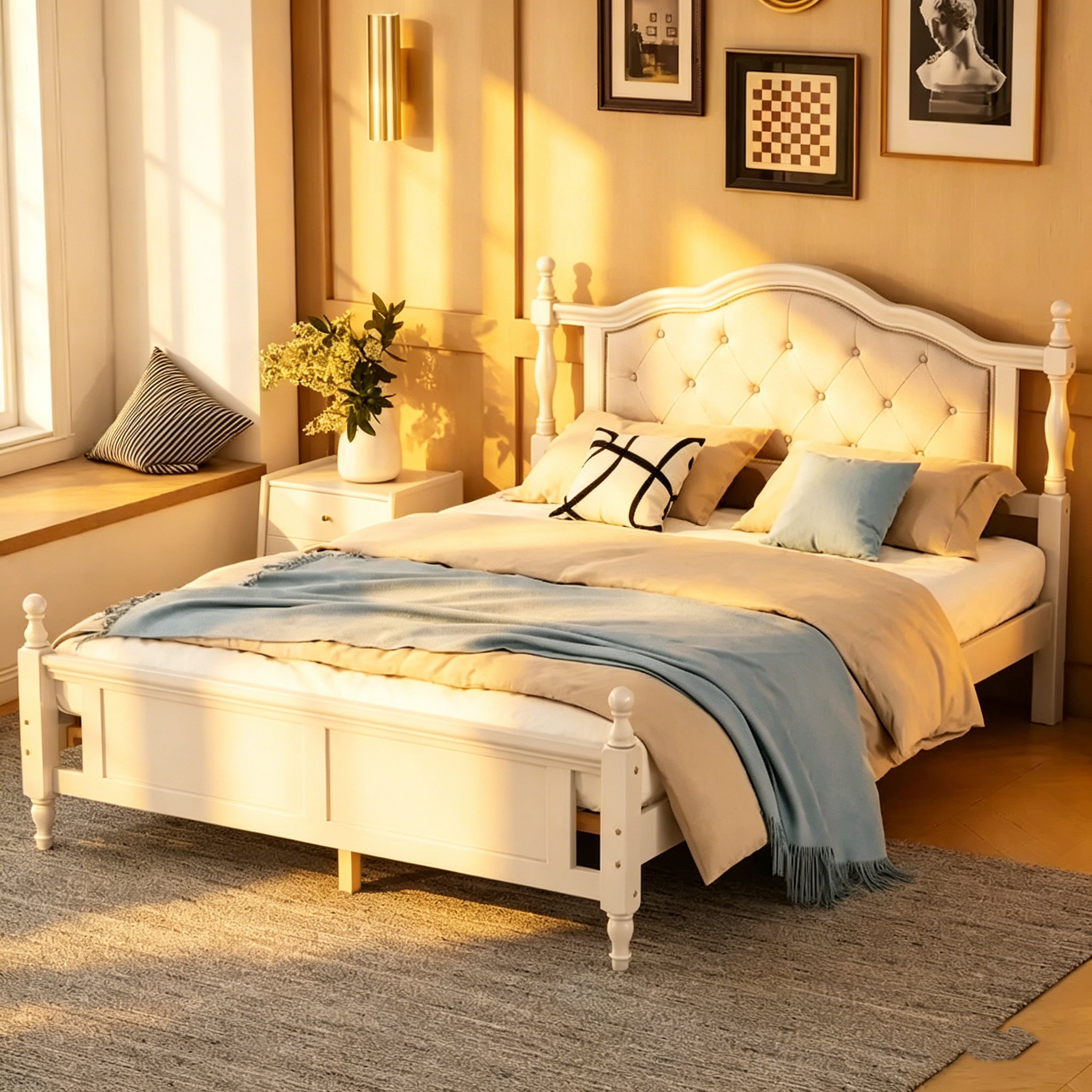 Lit Queen Size avec tête et pied de lit rembourrés, avec deux pieds de support pour longerons de lit et pieds de support pour plateforme centrale