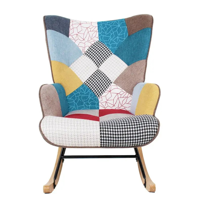 Fauteuil à bascule en tissu Mid-Century avec pieds en bois et lin patchwork