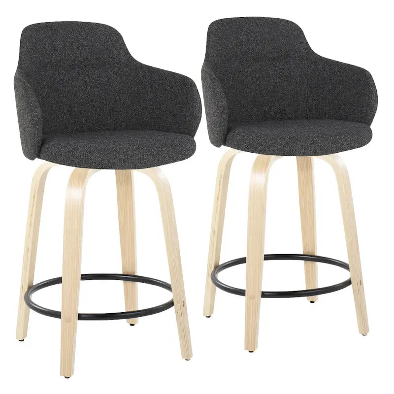 Tabourets de bar à hauteur fixe avec pieds courbés en bois et repose-pieds ronds (lot de 2)