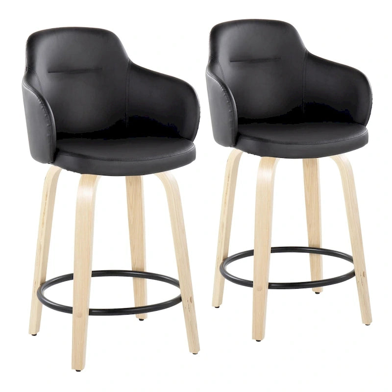 Tabourets de bar à hauteur fixe avec pieds courbés en bois et repose-pieds ronds (lot de 2)