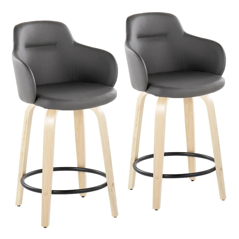 Tabourets de bar à hauteur fixe avec pieds courbés en bois et repose-pieds ronds (lot de 2)