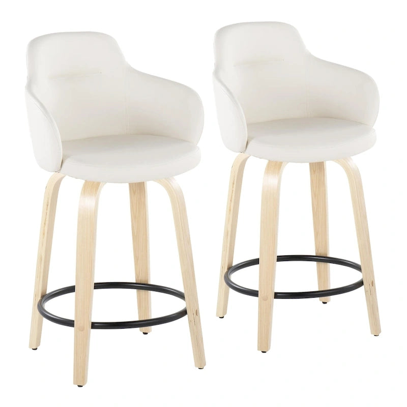 Tabourets de bar à hauteur fixe avec pieds courbés en bois et repose-pieds ronds (lot de 2)