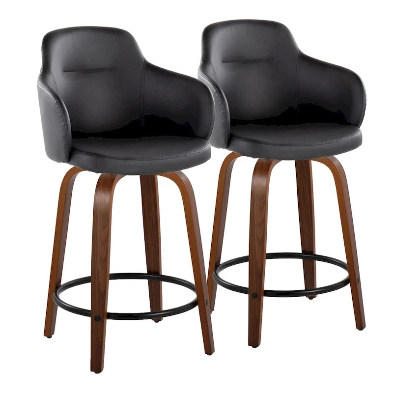 Tabourets de bar à hauteur fixe avec pieds courbés en bois et repose-pieds ronds (lot de 2)