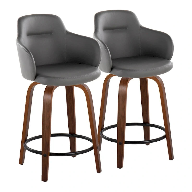 Tabourets de bar à hauteur fixe avec pieds courbés en bois et repose-pieds ronds (lot de 2)