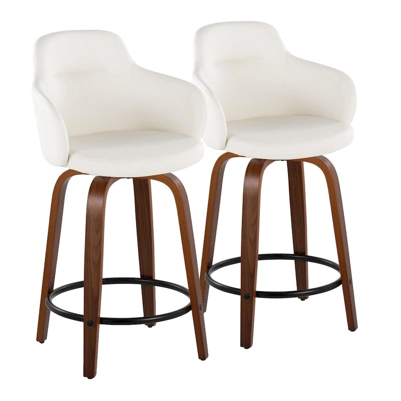 Tabourets de bar à hauteur fixe avec pieds courbés en bois et repose-pieds ronds (lot de 2)