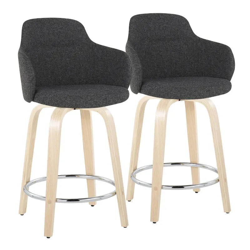 Tabourets de bar à hauteur fixe avec pieds courbés en bois et repose-pieds ronds (lot de 2)