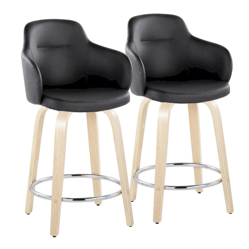 Tabourets de bar à hauteur fixe avec pieds courbés en bois et repose-pieds ronds (lot de 2)