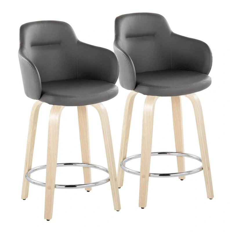Tabourets de bar à hauteur fixe avec pieds courbés en bois et repose-pieds ronds (lot de 2)