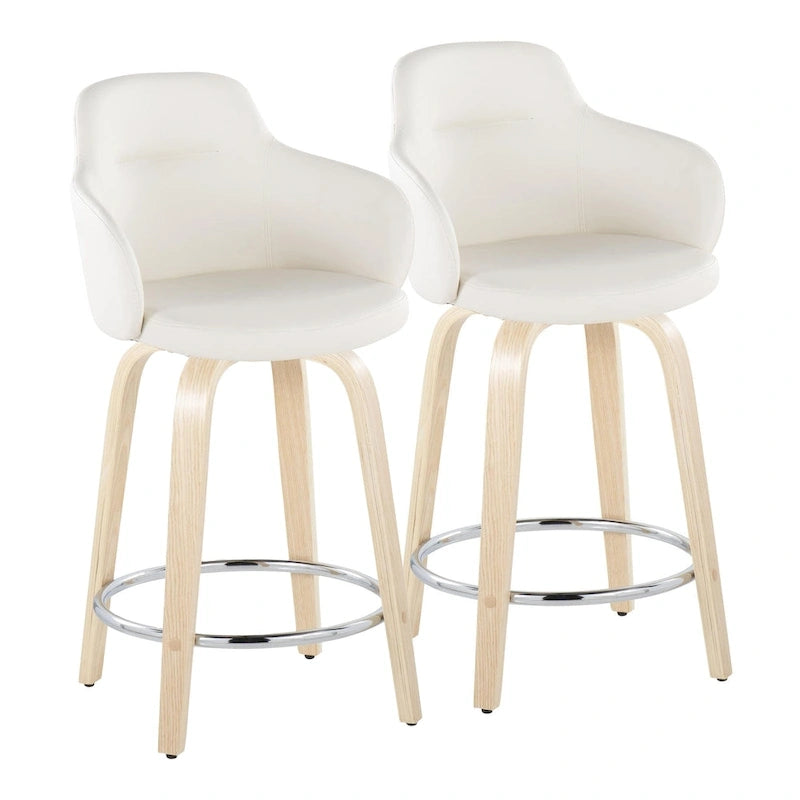 Tabourets de bar à hauteur fixe avec pieds courbés en bois et repose-pieds ronds (lot de 2)