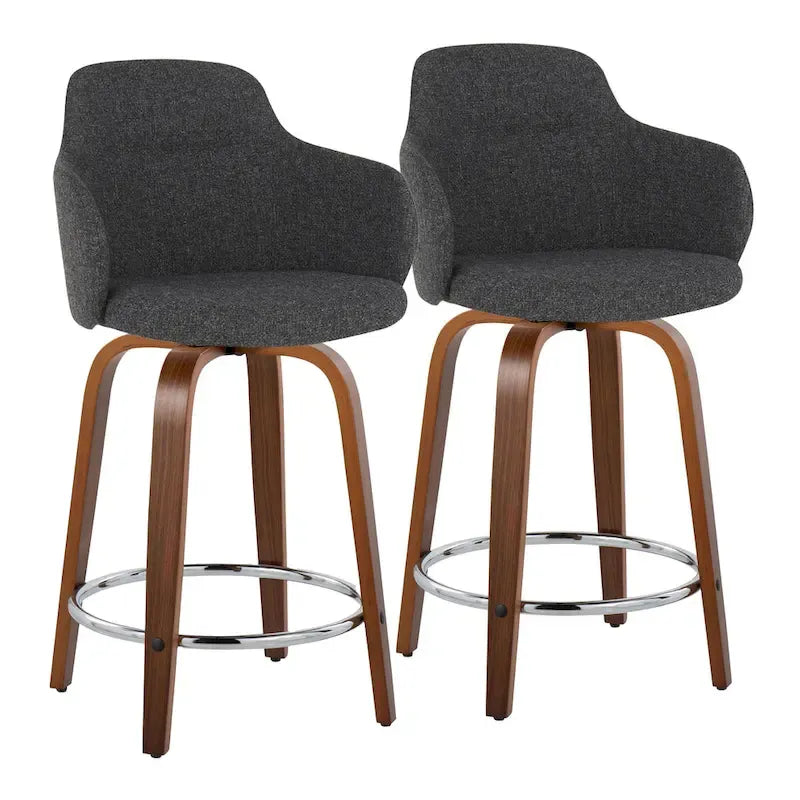 Tabourets de bar à hauteur fixe avec pieds courbés en bois et repose-pieds ronds (lot de 2)