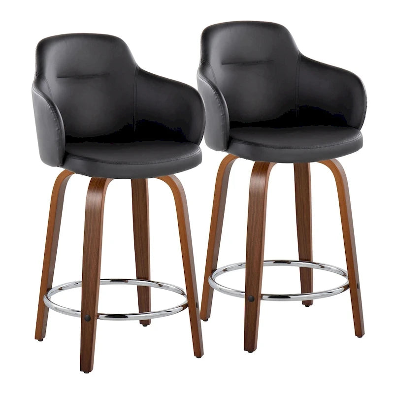 Tabourets de bar à hauteur fixe avec pieds courbés en bois et repose-pieds ronds (lot de 2)