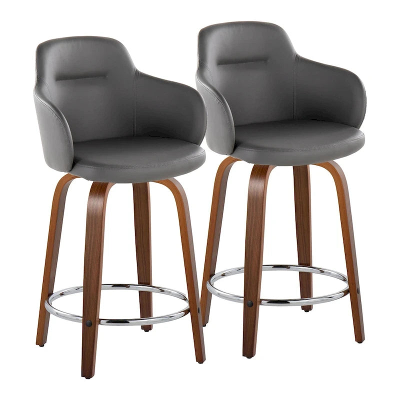 Tabourets de bar à hauteur fixe avec pieds courbés en bois et repose-pieds ronds (lot de 2)