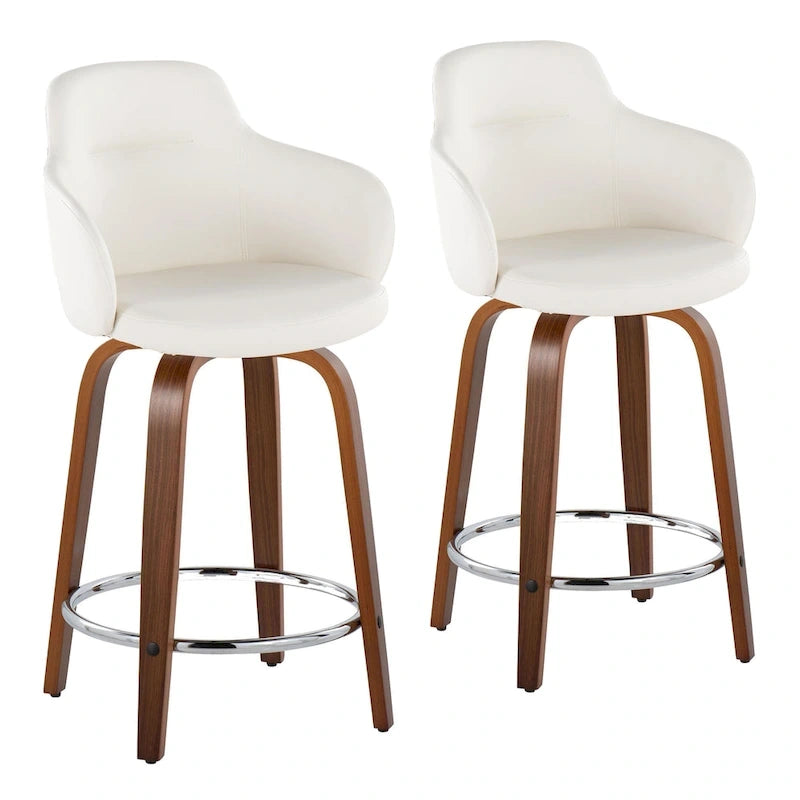 Tabourets de bar à hauteur fixe avec pieds courbés en bois et repose-pieds ronds (lot de 2)