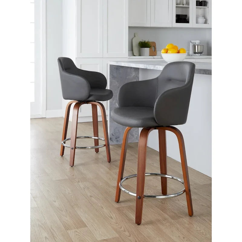 Tabourets de bar à hauteur fixe avec pieds courbés en bois et repose-pieds ronds (lot de 2)