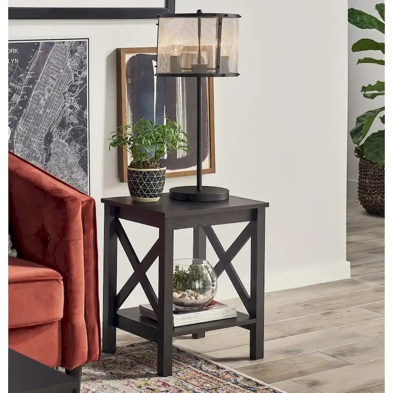 Table d'appoint double couche avec étagères en X