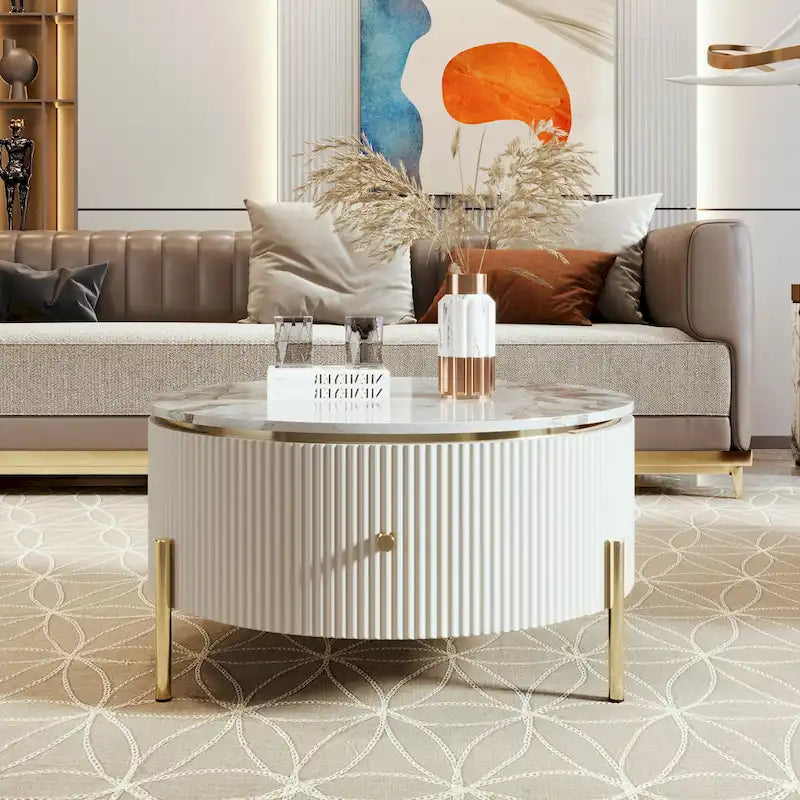 Table basse ronde moderne avec 2 grands tiroirs de rangement