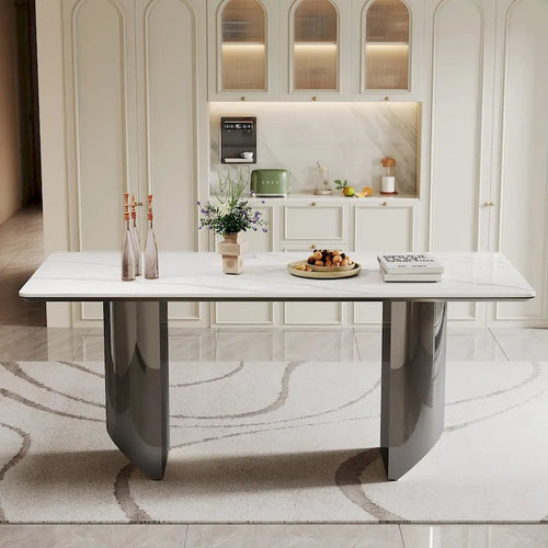 Table à manger avec plateau en verre trempé et composite de pierre frittée de 0,47" d'épaisseur, base en acier inoxydable
