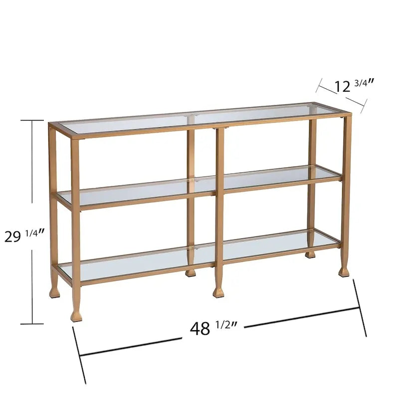 Console étroite en métal avec étagères en verre - doré