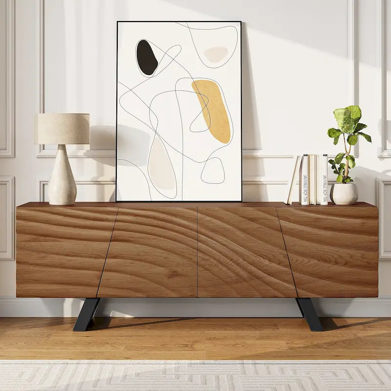 Meuble TV de rangement à quatre portes avec motif d'ondulation d'eau en relief de 63 pouces - 63