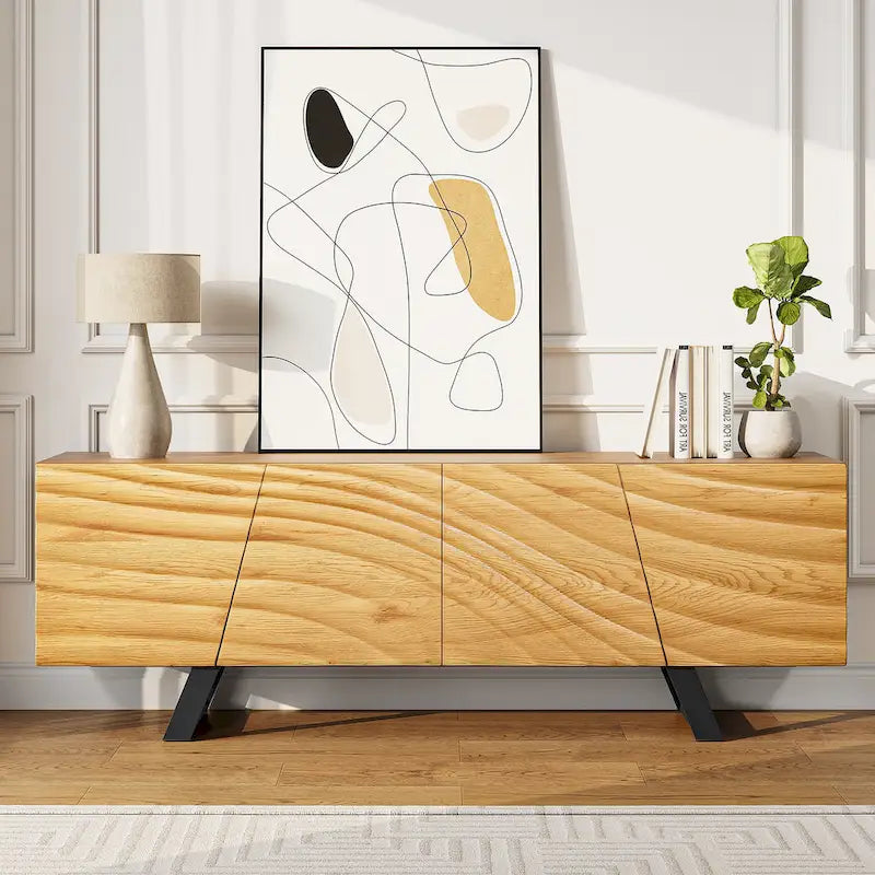 Meuble TV de rangement à quatre portes avec motif d'ondulation d'eau en relief de 63 pouces - 63