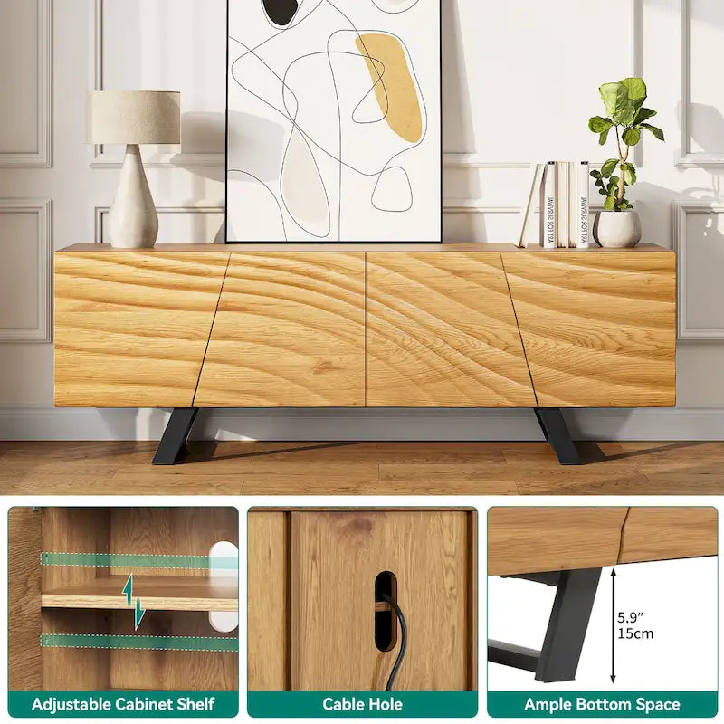 Meuble TV de rangement à quatre portes avec motif d'ondulation d'eau en relief de 63 pouces - 63