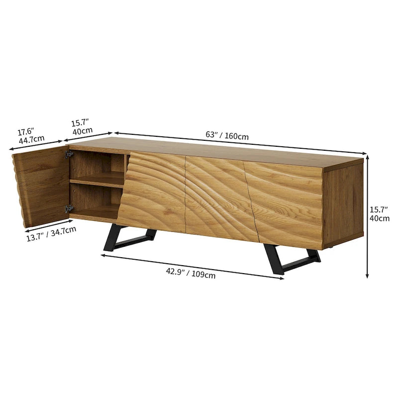 Meuble TV de rangement à quatre portes avec motif d'ondulation d'eau en relief de 63 pouces - 63