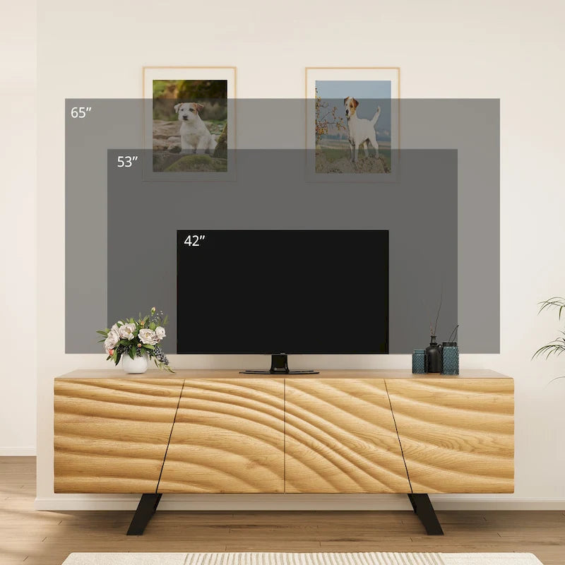 Meuble TV de rangement à quatre portes avec motif d'ondulation d'eau en relief de 63 pouces - 63