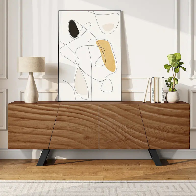 Meuble TV de rangement à quatre portes avec motif d'ondulation d'eau en relief de 63 pouces - 63