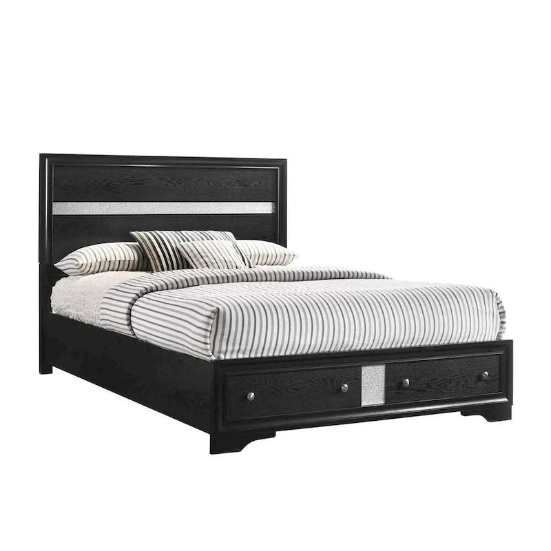 Lit queen-size avec deux tiroirs de rangement, une tête de lit à rayures argentées et un cadre en bois noir.