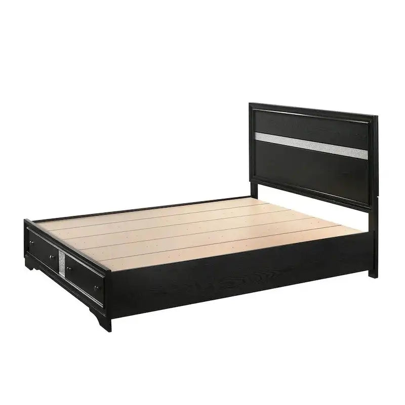 Lit queen-size avec deux tiroirs de rangement, une tête de lit à rayures argentées et un cadre en bois noir.