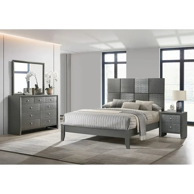 Ensemble de chambre trois pièces avec tête de lit gris acier