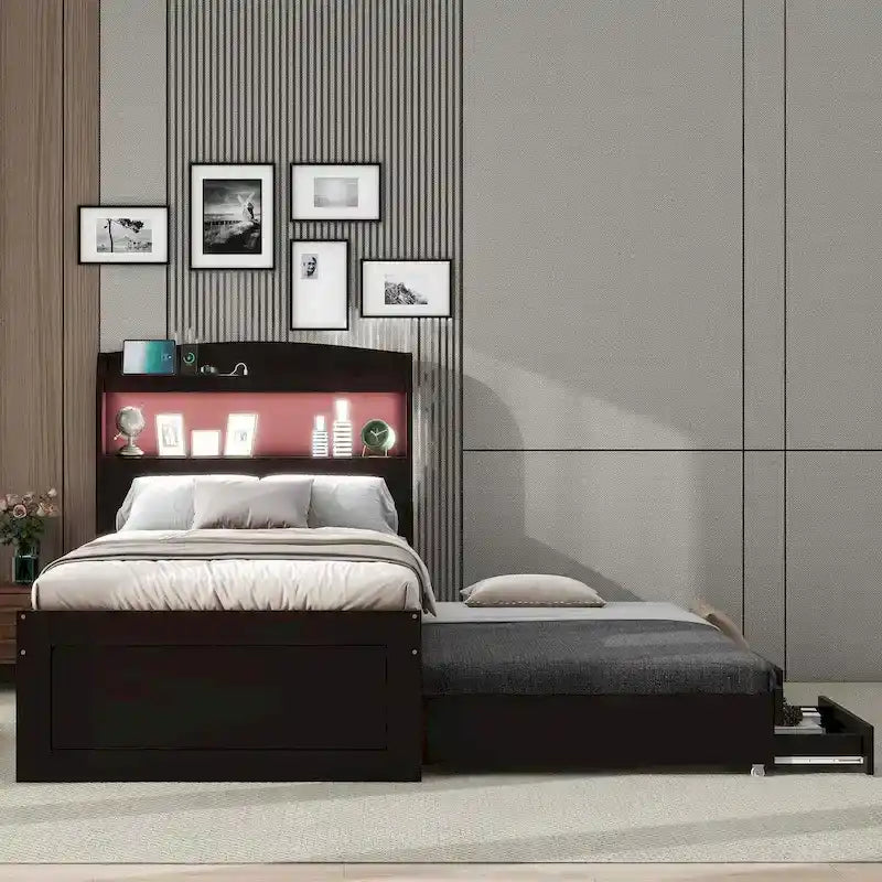 Lit plateforme XL avec tête de lit LED et lit gigogne coulissant