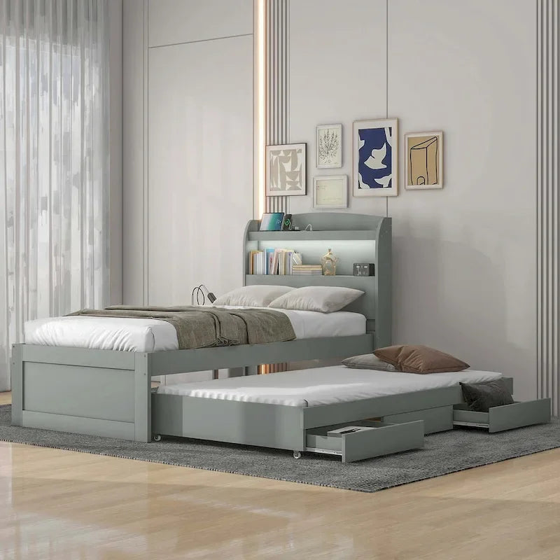 Lit plateforme XL avec tête de lit LED et lit gigogne coulissant