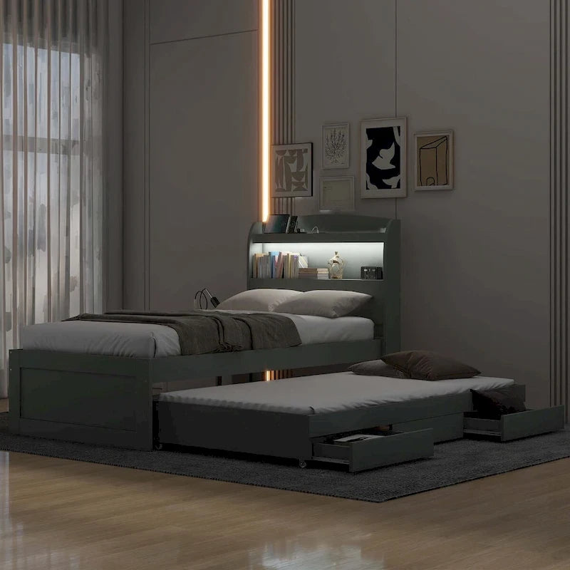 Lit plateforme XL avec tête de lit LED et lit gigogne coulissant