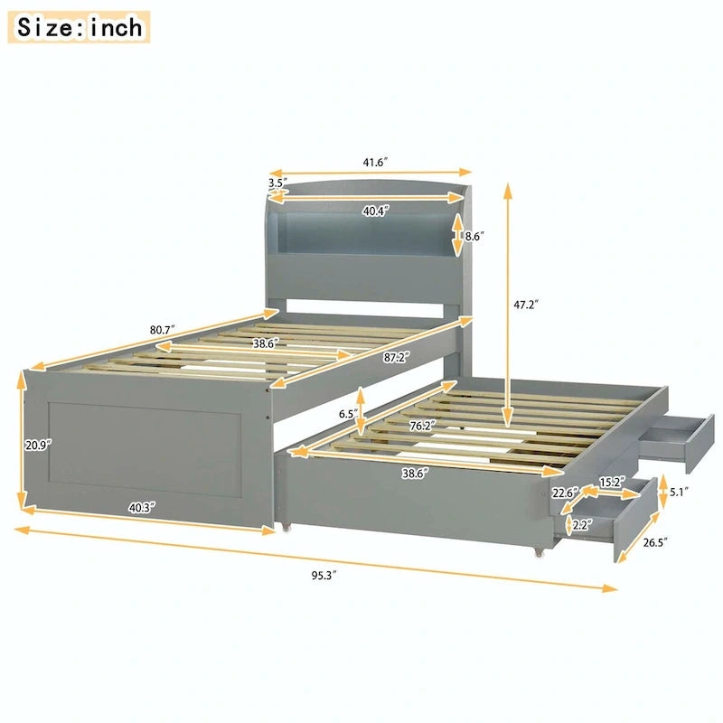 Lit plateforme XL avec tête de lit LED et lit gigogne coulissant