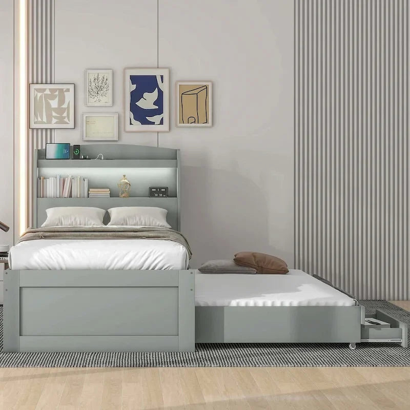 Lit plateforme XL avec tête de lit LED et lit gigogne coulissant