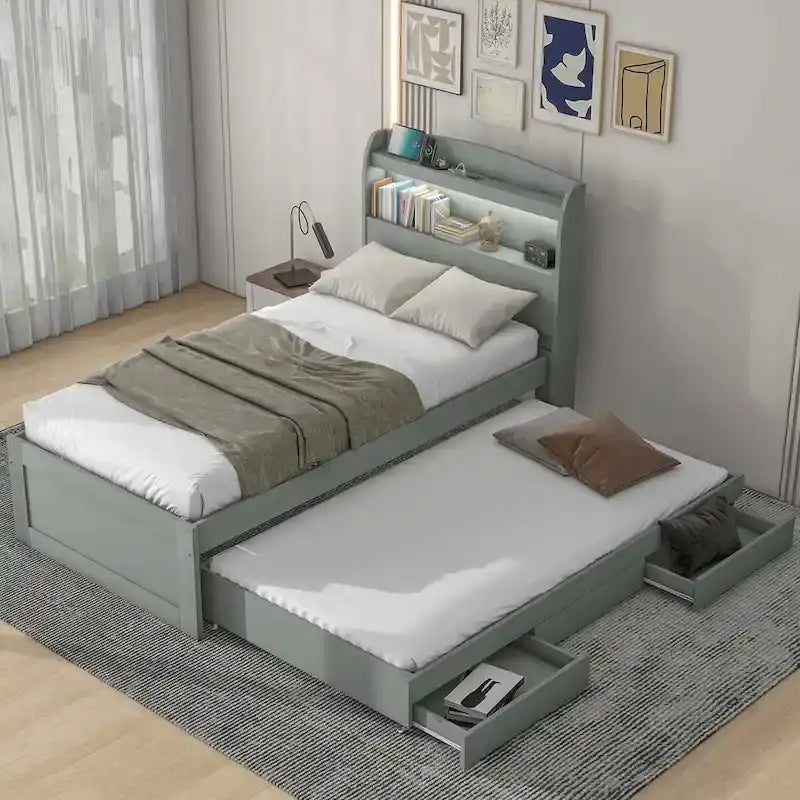 Lit plateforme XL avec tête de lit LED et lit gigogne coulissant