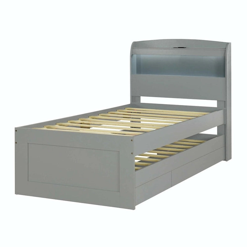 Lit plateforme XL avec tête de lit LED et lit gigogne coulissant