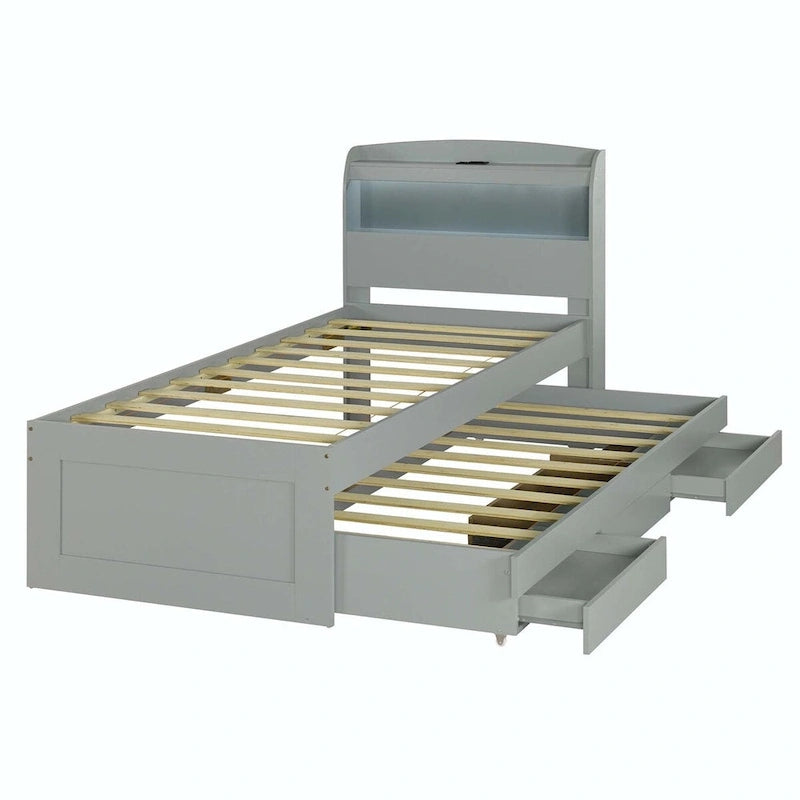 Lit plateforme XL avec tête de lit LED et lit gigogne coulissant