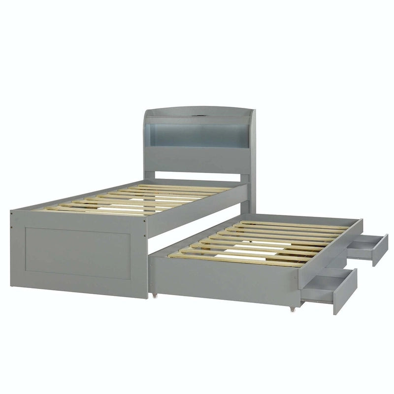 Lit plateforme XL avec tête de lit LED et lit gigogne coulissant