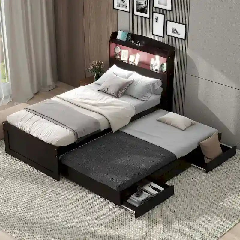 Lit plateforme XL avec tête de lit LED et lit gigogne coulissant