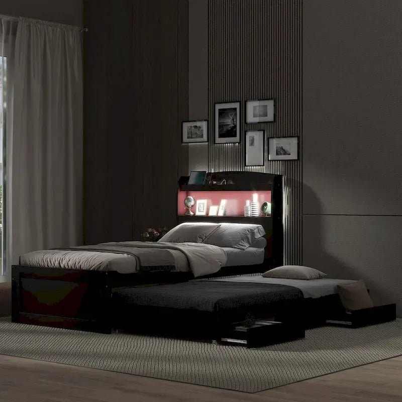 Lit plateforme XL avec tête de lit LED et lit gigogne coulissant