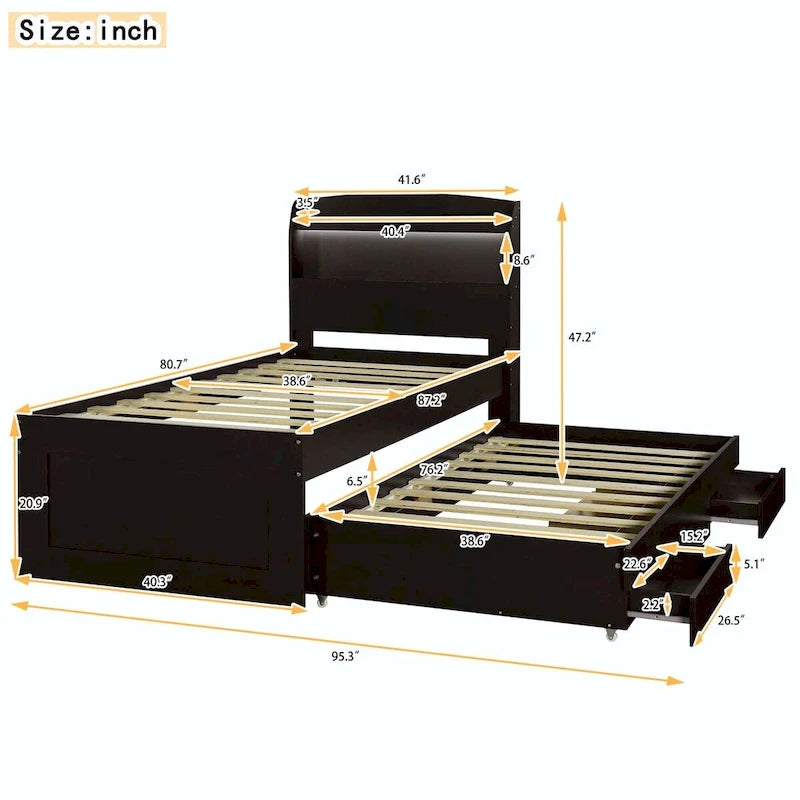 Lit plateforme XL avec tête de lit LED et lit gigogne coulissant