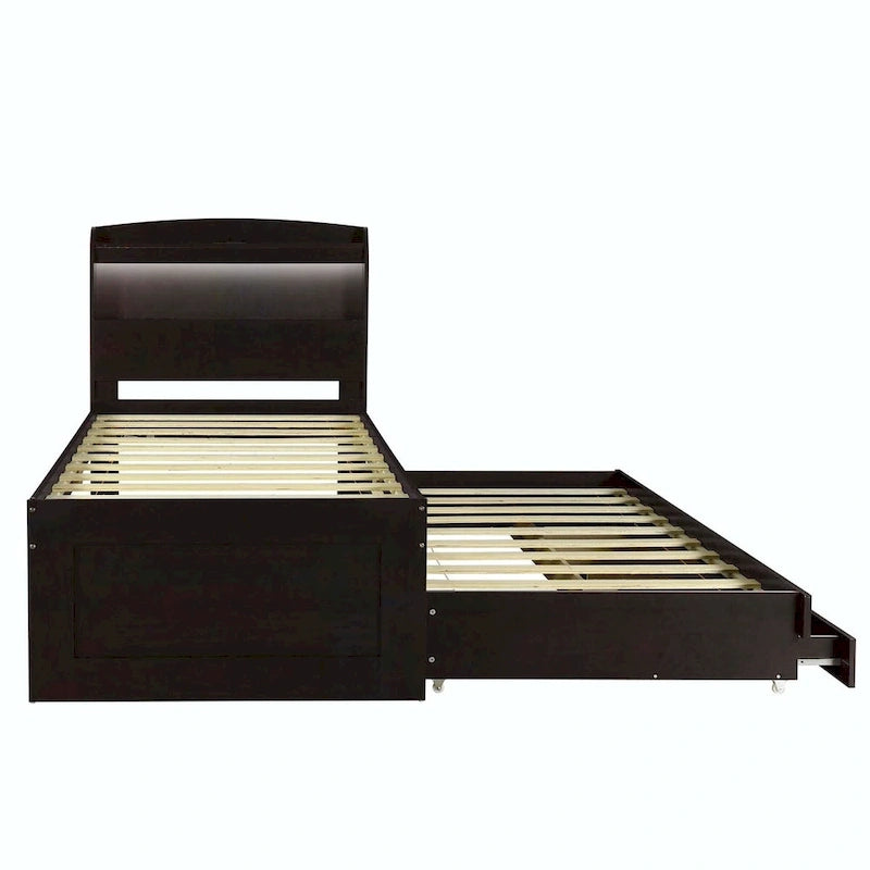 Lit plateforme XL avec tête de lit LED et lit gigogne coulissant